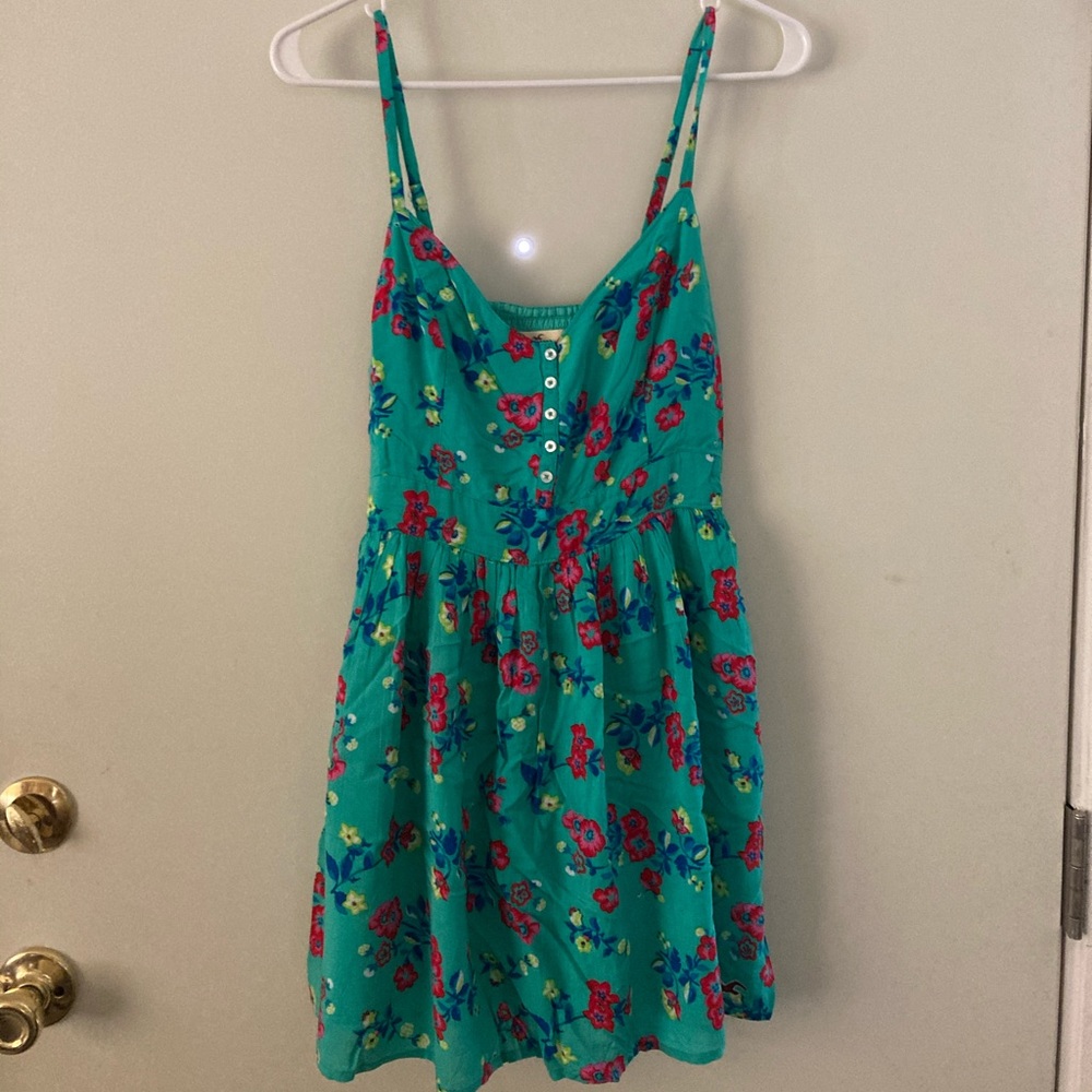 Teal floral minidress with spaghetti straps